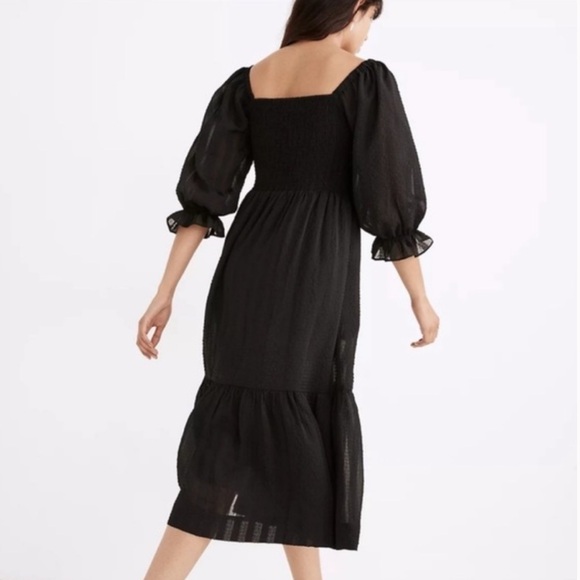 Madewell Lucie Elbow-Sleeve Smocked Textured Black Midi Dress - Picture 2 of 7